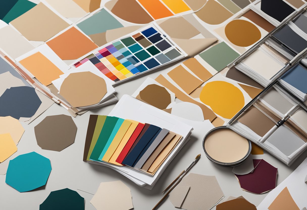 Colorful swatches of paint samples and brushes