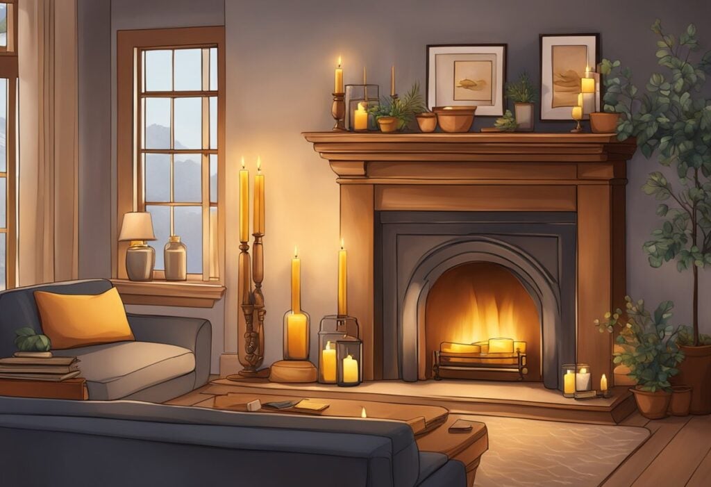Living room with a fireplace mantel adorned with decor and framed artwork