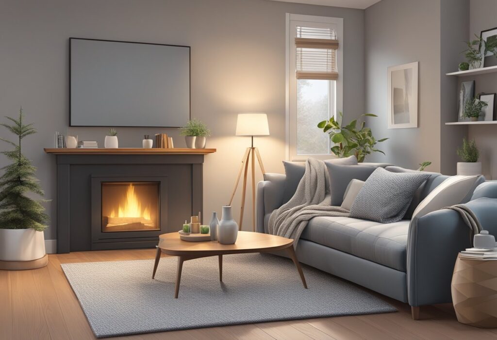 Gray-themed living room with a fireplace mantel adorned with tasteful decor