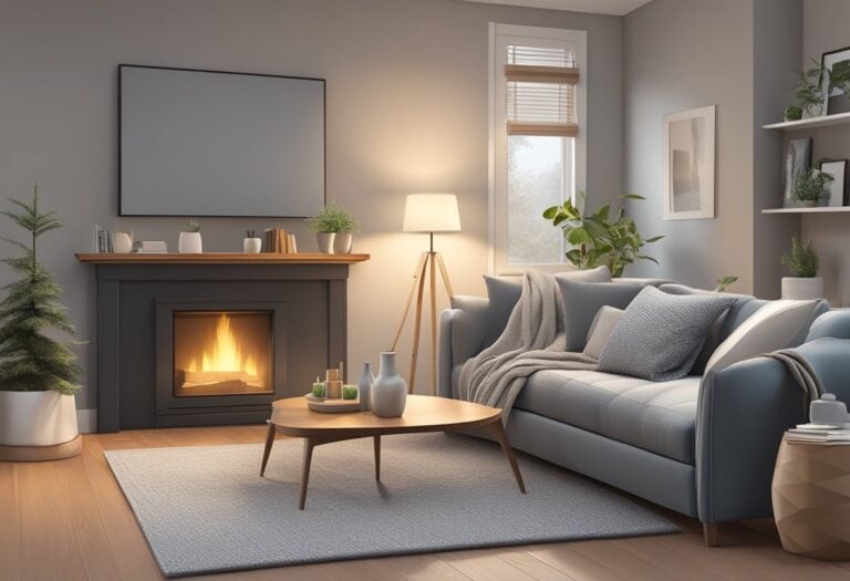 Gray-themed living room with a fireplace mantel adorned with tasteful decor