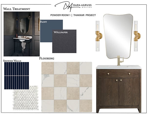 Mood board for a powder room design featuring dark paint, textured wallpaper, navy shower tiles, white hexagon tiles, marble flooring, wood vanity, mirror, and brass light fixtures.