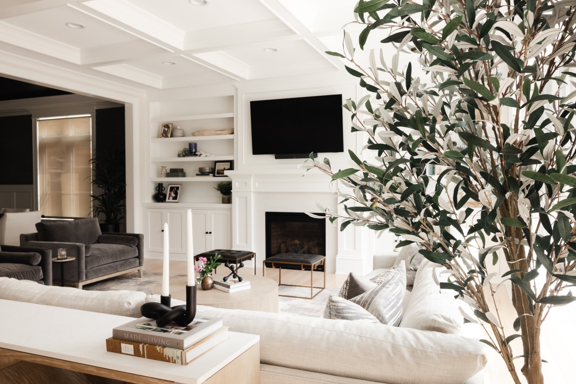 Living room with white built-in shelving, a fireplace and a potted olive tree in an Elmhurst, IL home by Dara Agruss Design