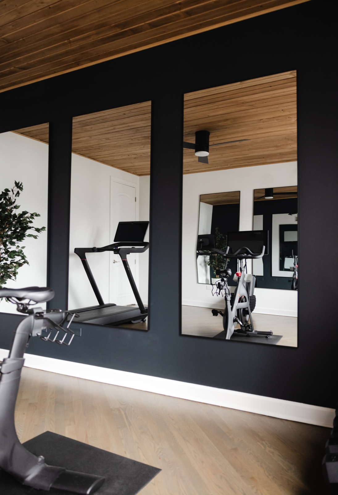 Home gym with mirrored walls, timber ceiling detail and equipment on a wood floor, designed by Dara Agruss Design