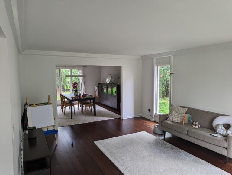 A living room with a gray sofa, floor lamp, and white rug, adjacent to a dining area with a table, chairs, cabinet, and a TV, with large windows letting in natural light.