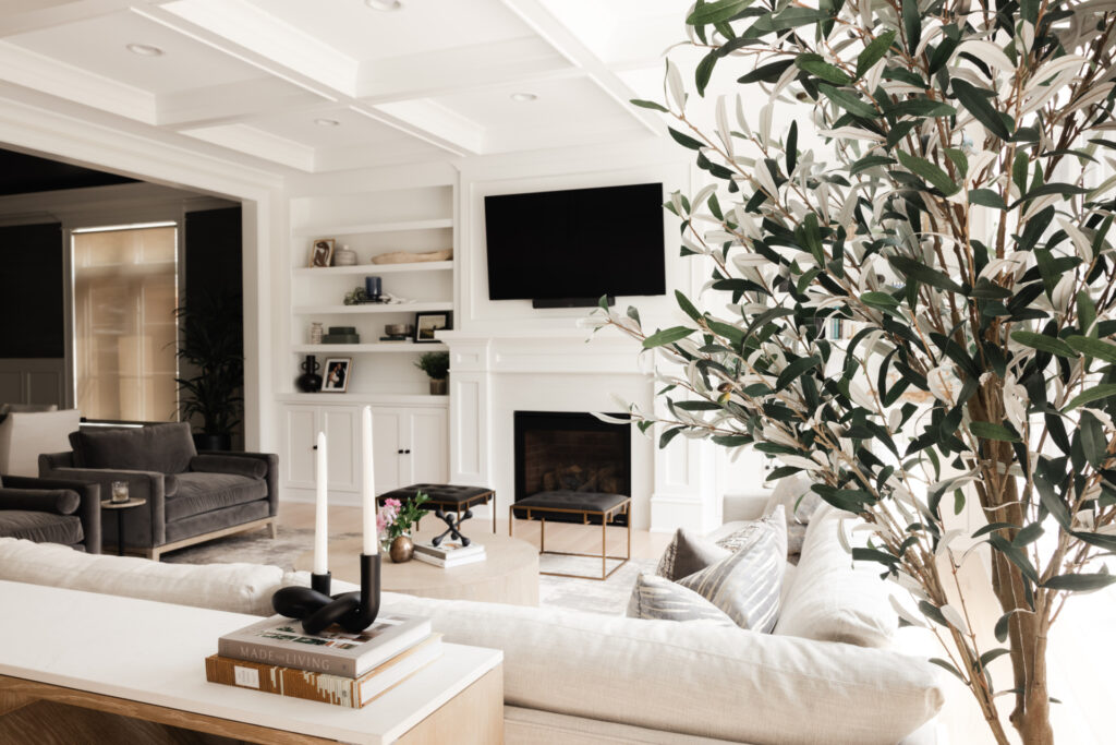 Bright living room with built-in shelves, a fireplace, wall-mounted TV, gray armchairs, light sofa, coffee table, and a large potted plant in the foreground.