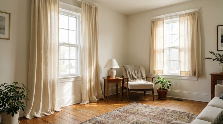 sunlit living room with armchair, side table, lamp, and hardwood floors