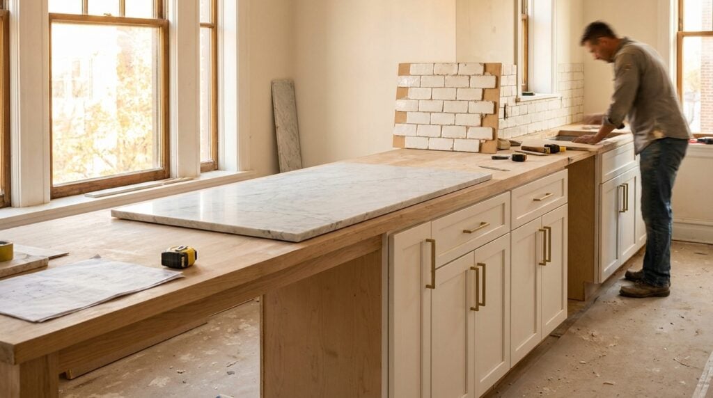 contractor installing marble countertop and subway tile backsplash during kitchen renovation