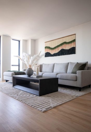 Apartment living room with light gray couch, black coffee table, and beige rug